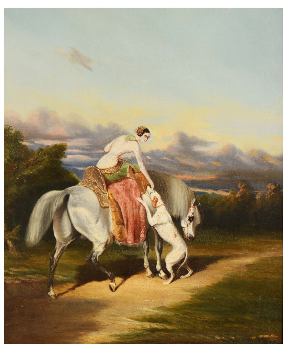 19TH CENTURY ENGLISH SCHOOL A lady on horseback attending to a greyhound, oil on canvas, 62 x 51.