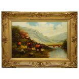 19TH CENTURY ENGLISH SCHOOL Highland cattle watering in a mountain landscape, indistinctly signed '