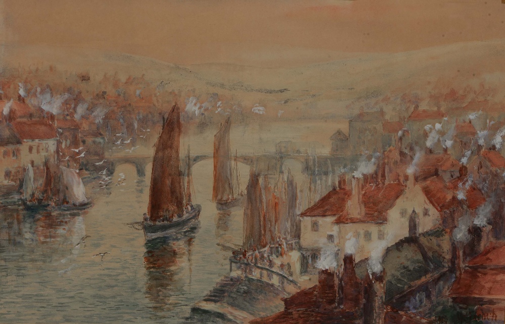 GEORGE SCARTH FRENCH (exh 1894-1910) Whitby Harbour, signed, watercolour heightened in white, 33.5 x