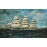 S * S * R * Portrait of a three masted sailing vessel in full sail off a coastline with
