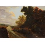 FOLLOWER OF PATRICK NASMYTH (1787-1831) A country road with travellers, oil on canvas, 14 x 19cm