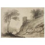 JAMES POOLE (1804-1886) Landscape with figure, signed, pencil drawing, 17.5 x 25cm; and two 18th