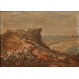 19TH CENTURY ENGLISH SCHOOL Coastal rocks with bay in the distance, indistinctly signed, oil on