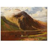 19TH CENTURY ENGLISH SCHOOL Cattle wattering in a highland landscape, bears signature 'A de