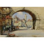 NOEL HARRY LEAVER (1889-1951) A continental market square through a stone archway, signed,