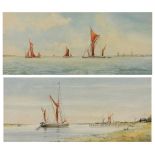 DES HARRADINE (1927-1999) Sailing barges in an estuary, signed, watercolour, 15.5 x 38cm; and