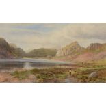 ALBERT HARTLAND (1840-1893) A tranquil mountain lakeside with lady and dog, signed, watercolour,