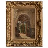 EMILE DAMERON (1848-1908) A Moorish arched entrance to a courtyard, signed, oil on panel, 31 x 22cm