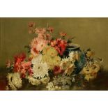 19TH CENTURY ENGLISH SCHOOL Still life - a bulbous vase with chrysanthemum, oil on canvas board,