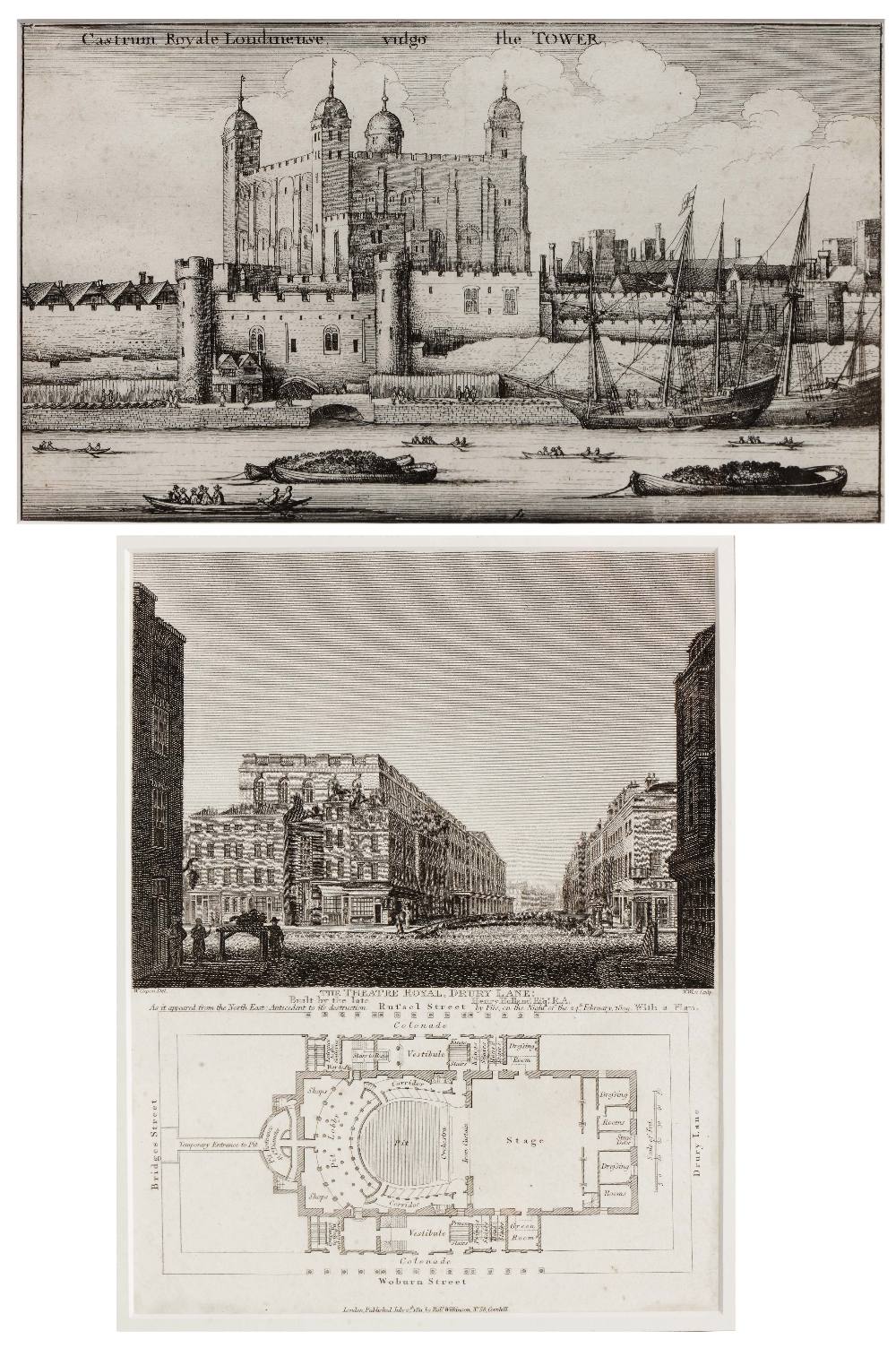 WENCESLAUS HOLLAR The Tower of London, engraving, 14 x 25cm; and an engraved view of the Theatre