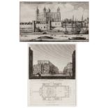 WENCESLAUS HOLLAR The Tower of London, engraving, 14 x 25cm; and an engraved view of the Theatre