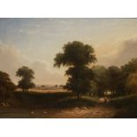 19TH CENTURY ENGLISH SCHOOL A pastoral landscape with figures on a track and harvesters in the