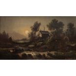 F * RONER A moonlit river landscape with dwelling, signed, oil on panel, 17 x 30cm