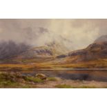 PERCY DIXON (1862-1924) A mountain lakeside lightly veiled in cloud, signed, watercolour, 33.5 x