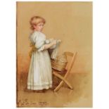 M * J * S * Portrait of a young child with doll and cot at a chair, signed and dated Jan 1893,