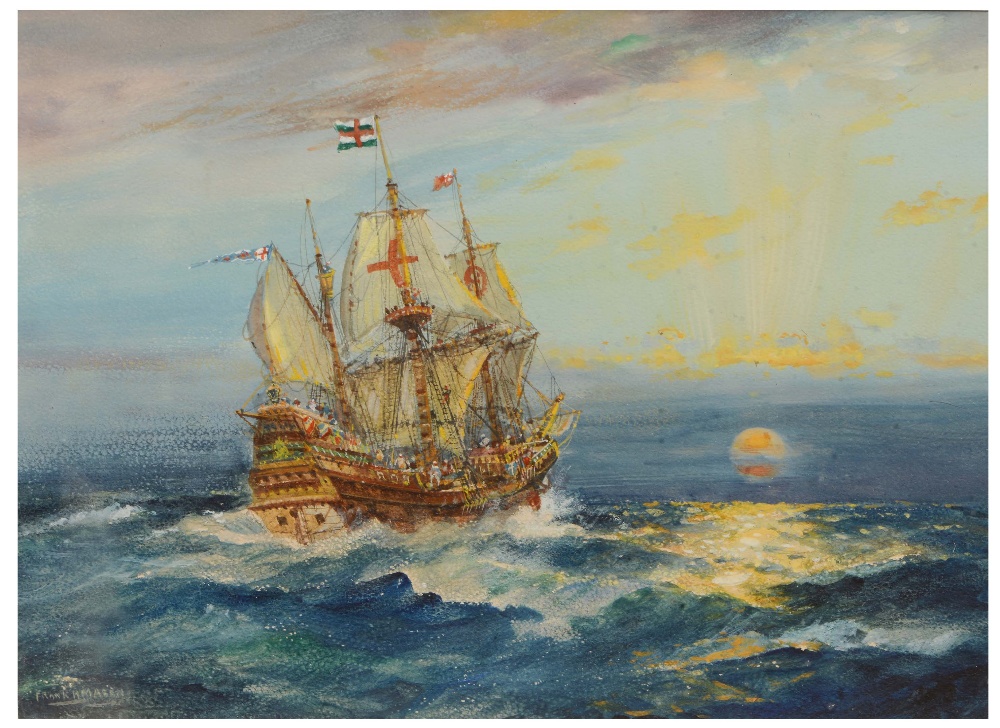 FRANK HENRY MASON (1876-1965) A galleon in full sail, signed, watercolour and body-colour, 23 x