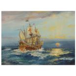 FRANK HENRY MASON (1876-1965) A galleon in full sail, signed, watercolour and body-colour, 23 x