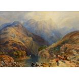 19TH CENTURY ENGLISH SCHOOL A mountainous river landscape with drover and oxen on a walled path,