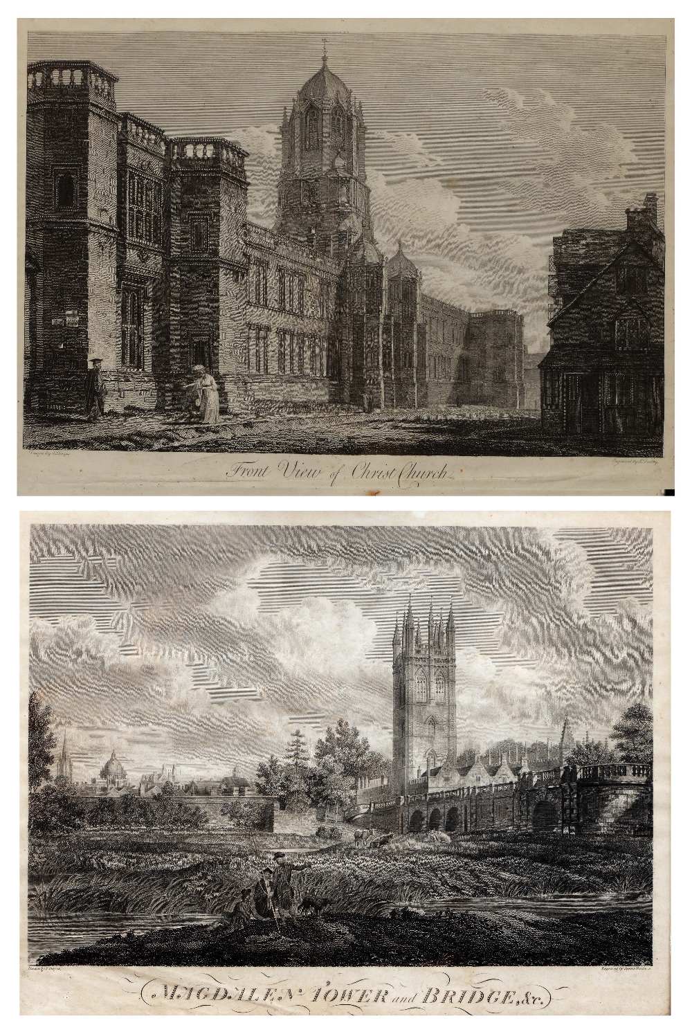 JAMES BASIRE AFTER EDWARD DAYES 'Magdalen Tower and Bridge', engraving, 31 x 44cm; and one further -