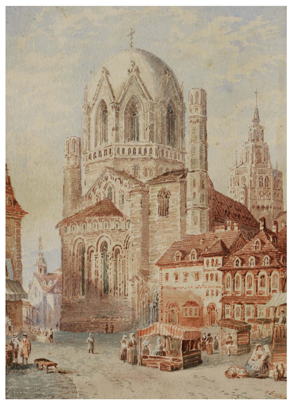 HENRY SCHAFER (1833-1916) A continental cathedral square with market, signed, watercolour, 37 x
