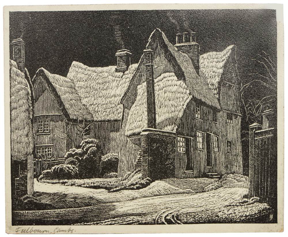 JOHN HOOKHAM A manor house in Winter, wood engraving, inscribed in pencil to margin ? 'Fulbourn,