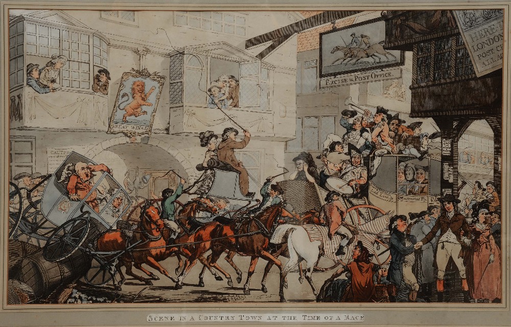 ENGLISH SCHOOL 'Scene in a Country Town at the Time of a Race', etching with hand-colouring, 34 x