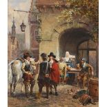 LOUIS HAGHE (1806-1885) Cavaliers at an inn, signed, watercolour and body-colour, 53 x 46.5cm