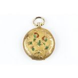 AN ENAMEL HUNTER FOB WATCH, the circular dial with Roman numerals, to a keyless wind movement, the