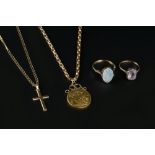A COLLECTION OF JEWELLERY, comprising a George V sovereign, dated 1912, with fixed scrolled