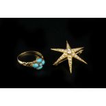 A COLLECTION OF JEWELLERY, comprising a diamond and half pearl star brooch, stamped '15ct', with