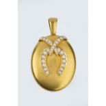 A VICTORIAN GOLD AND HALF PEARL LOCKET PENDANT, the oval hinged locket of bloomed finish, applied