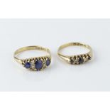 TWO SAPPHIRE AND DIAMOND HALF HOOP RINGS, the first set with graduated oval and circular mixed-cut
