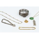 A COLLECTION OF JEWELLERY, comprising a jade panel pendant, with pierced and carved decoration, on a