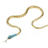 A VICTORIAN GEM SET SERPENT NECKLACE, designed as an articulated serpent, the head pavé set with