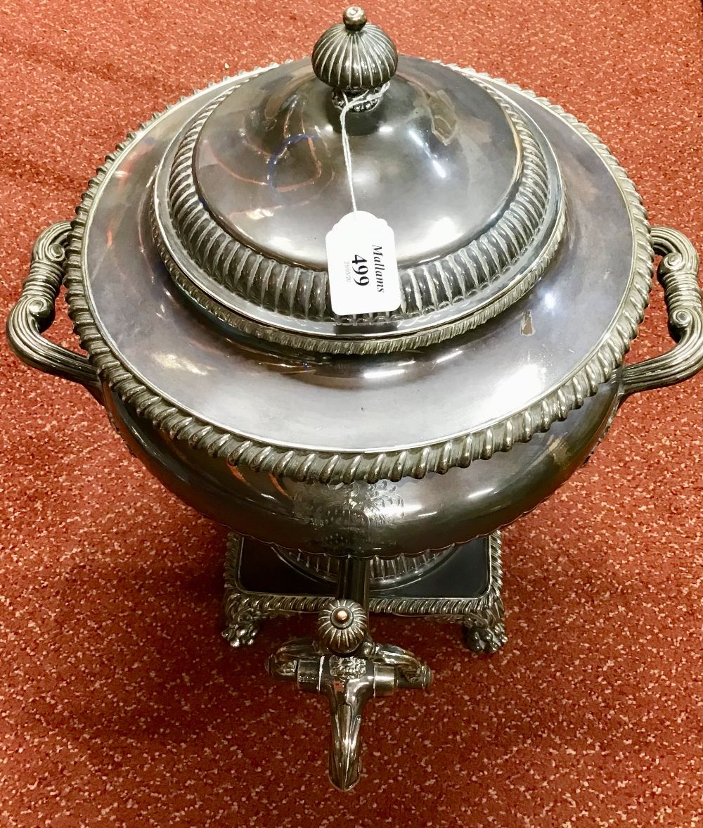 A MID 19TH CENTURY SILVER PLATED BALUSTER TEA URN AND COVER, with gadrooned borders, and twin reeded - Image 2 of 6