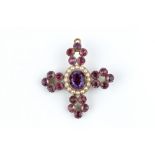 A 19TH CENTURY AMETHYST AND HALF PEARL PENDANT/BROOCH, the cross-shaped panel centred with a cluster