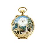 A GOLD PLATED OPEN FACE POCKET WATCH WITH MUSICAL AUTOMATON AND ALARM BY REUGE, the circular
