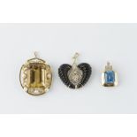 THREE GEM SET PENDANTS, comprising a citrine and cultured pearl pendant/brooch, of oval openwork