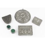 A COLLECTION OF EASTERN WHITE METAL ITEMS, including a circular mirror embossed with angel
