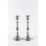 A PAIR OF SILVER CANDLESTICKS, with baluster knopped stems, on circular weighted bases, by Joseph
