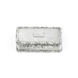 A GEORGE IV SILVER RECTANGULAR SNUFF BOX, with engine turned decoration and foliate cast borders and