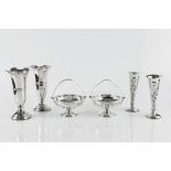 A PAIR OF SILVER SWING HANDLED SWEETMEAT BASKETS, with pierced decoration, on pedestal bases, by