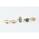 A COLLECTION OF GEM SET RINGS, comprising a late Victorian half pearl panel ring, 18ct gold mounted,