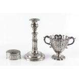 A VICTORIAN SILVER TWIN HANDLED SWEETMEAT BASKET, pierce decorated with stylised foliage, on