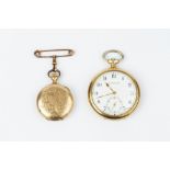 A GILT METAL HUNTER FOB WATCH BY ELGIN, the circular dial with Roman numerals and subsidiary seconds