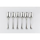 A SET OF SIX GEORGE II SILVER HANOVERIAN PATTERN DESSERT SPOONS, with foliate scroll decoration to