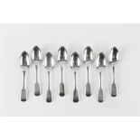 A SET OF EIGHT EARLY VICTORIAN SILVER FIDDLE PATTERN DESSERT SPOONS, by Patrick Leonard, Chester