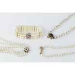 A COLLECTION OF CULTURED PEARL JEWELLERY, comprising a single strand necklace, with diamond set