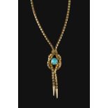A PENDANT NECKLACE, the fancy-link chain with knot-shaped panel, centred with a turquoise-coloured