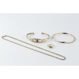 A COLLECTION OF JEWELLERY, comprising a belcher-link chain, stamped '9c', a hinged oval bangle,